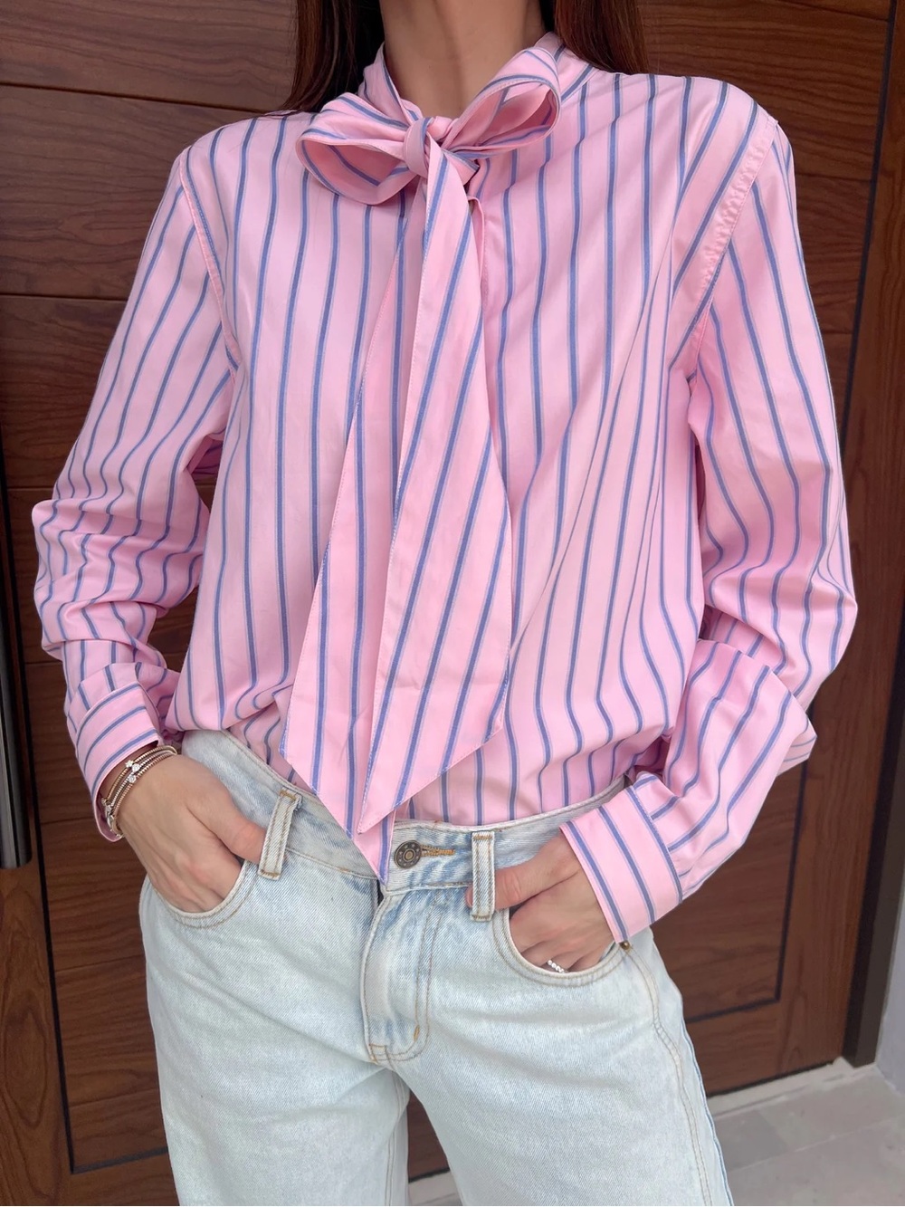 Pink Striped Bow-Tie Blouse